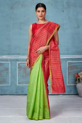 92A156 Red Striped And Green Half And Half Pattu Silk Saree