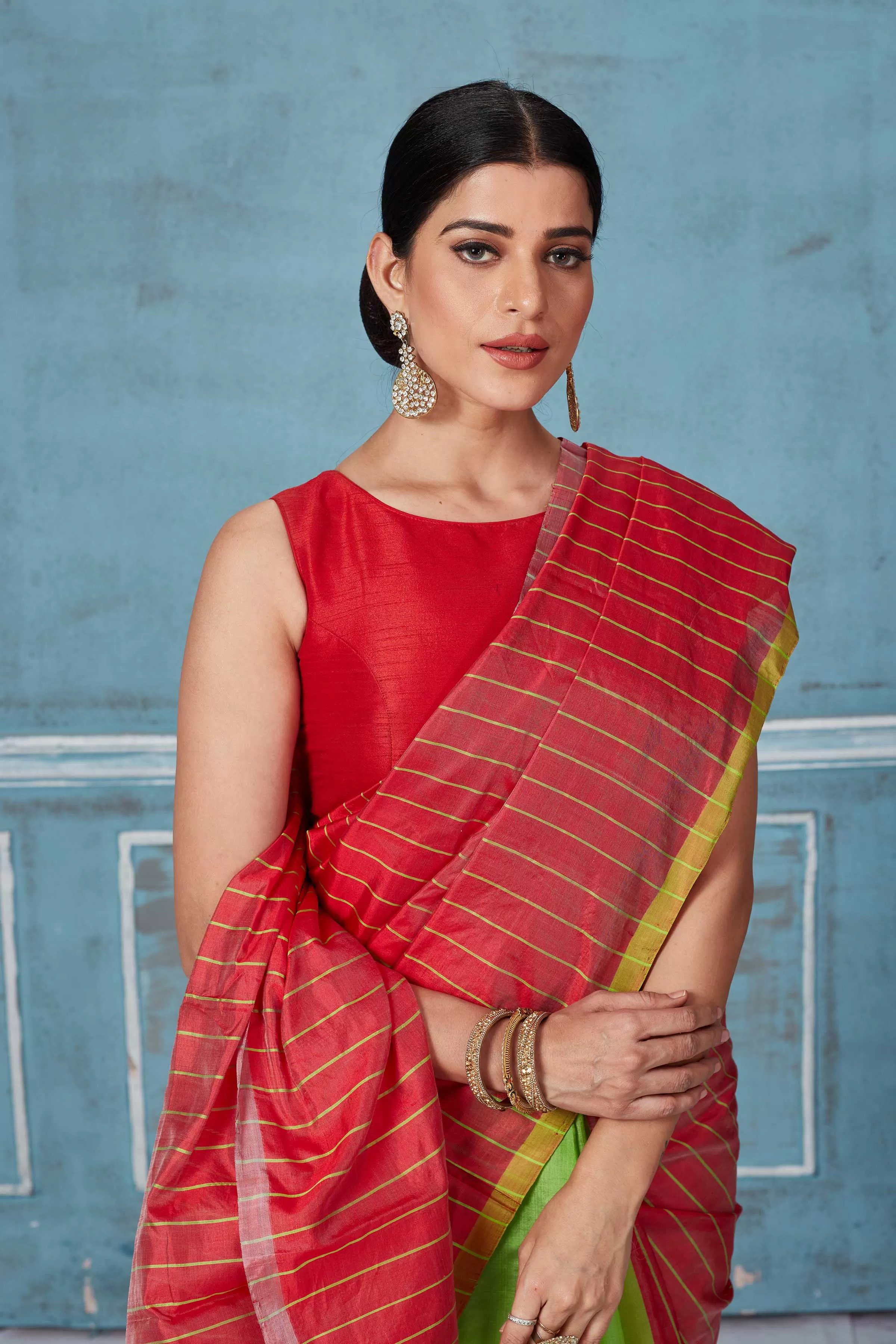 92A156 Red Striped And Green Half And Half Pattu Silk Saree