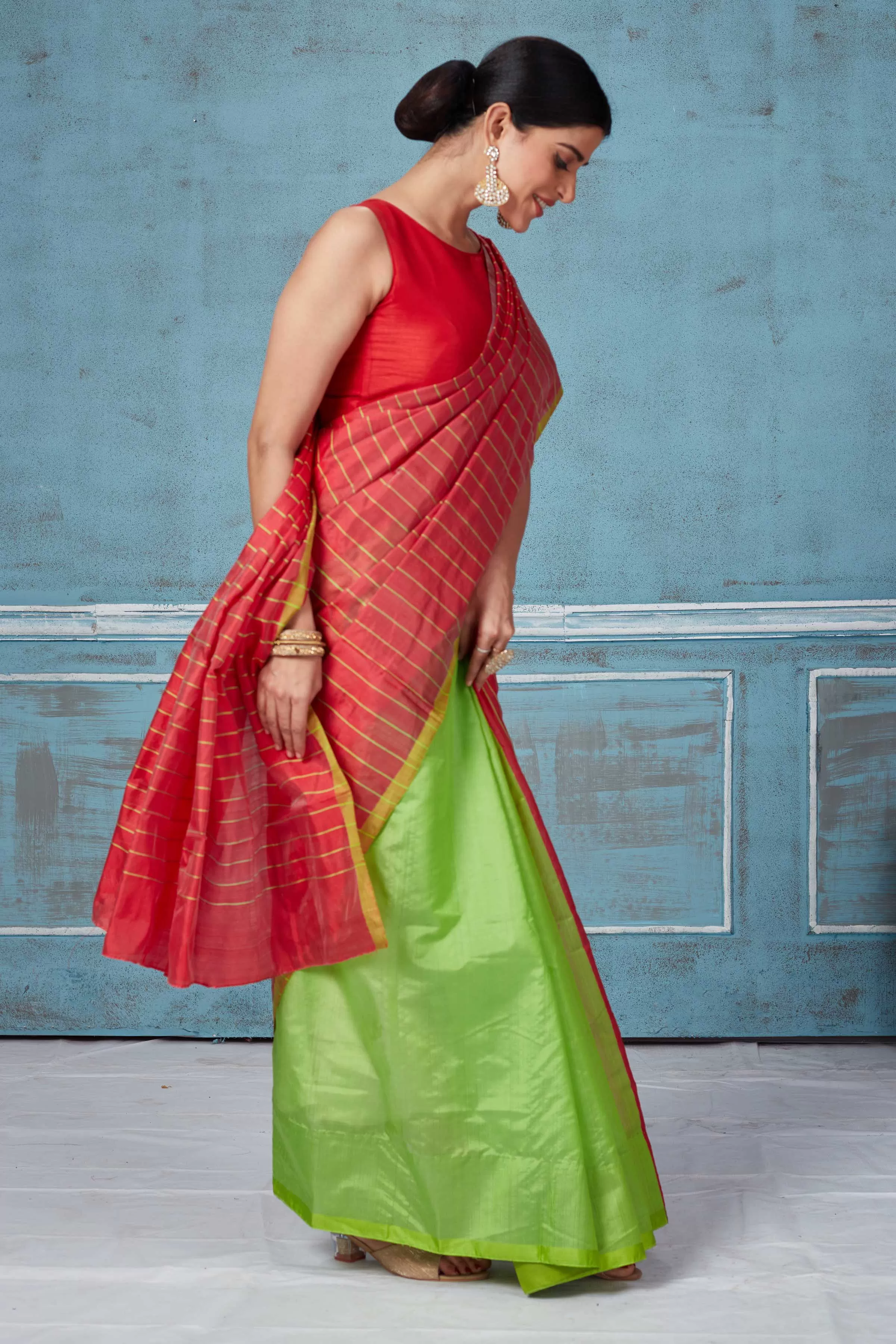 92A156 Red Striped And Green Half And Half Pattu Silk Saree