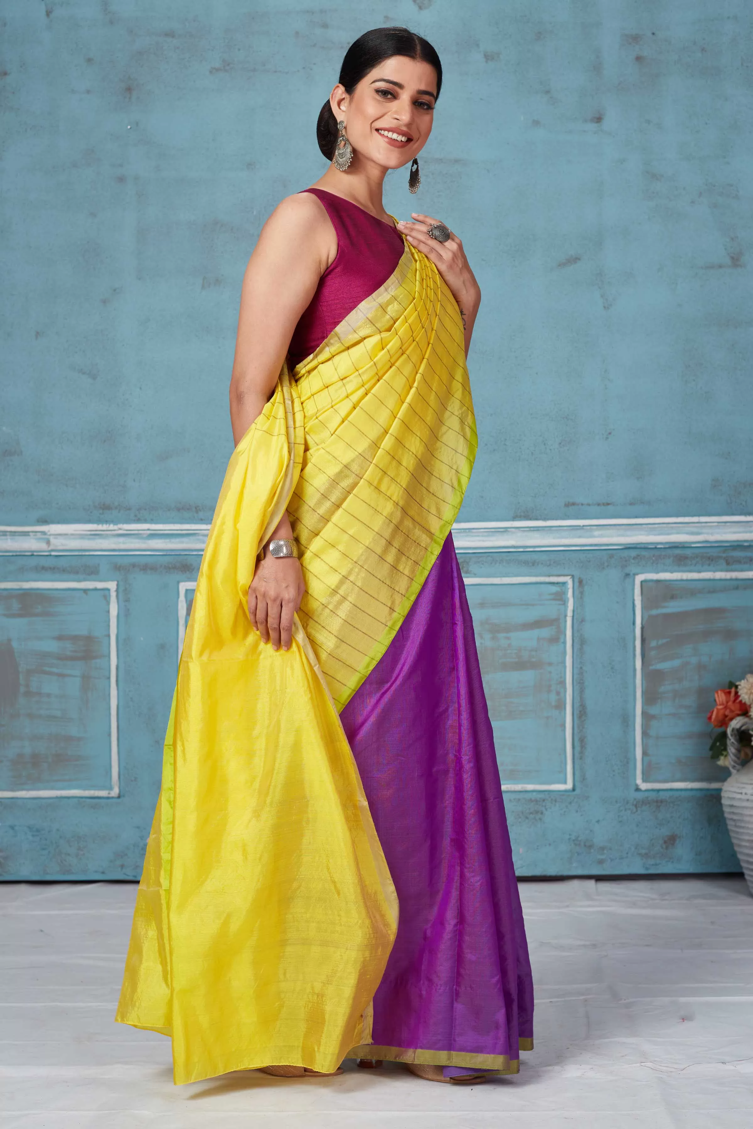 92A158 Yellow Striped and Purple Half And Half Pattu Silk Saree