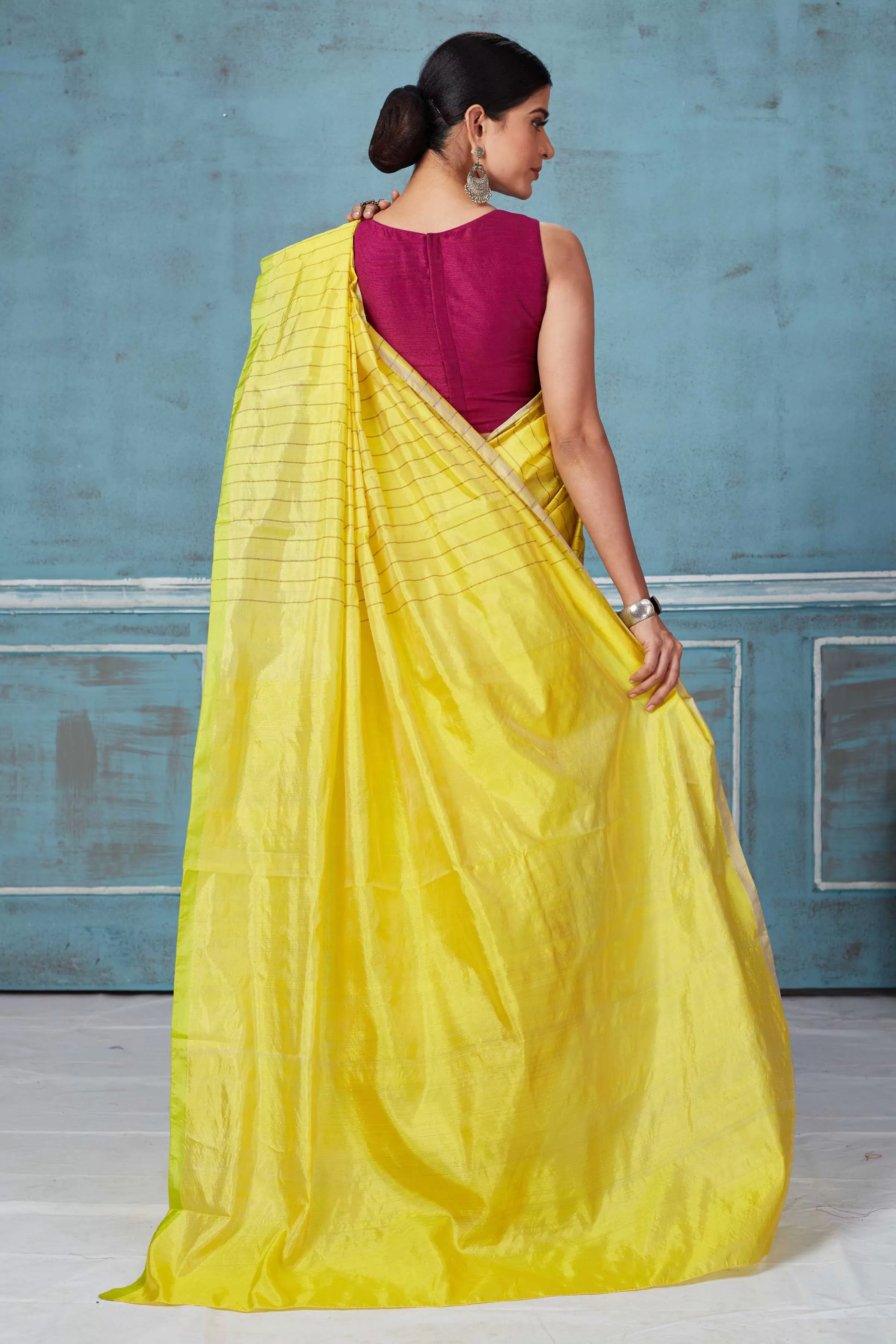 92A158 Yellow Striped and Purple Half And Half Pattu Silk Saree