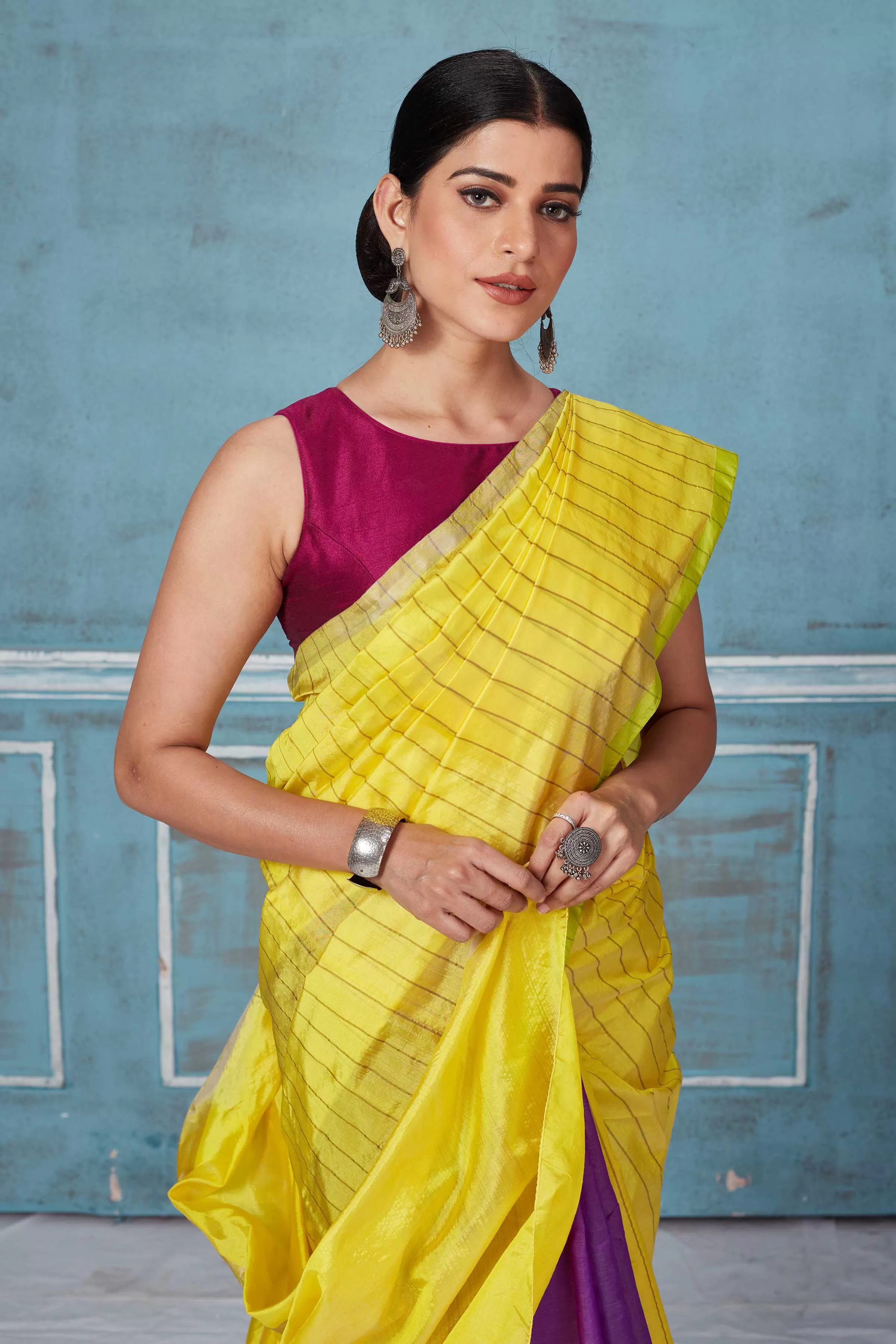 92A158 Yellow Striped and Purple Half And Half Pattu Silk Saree