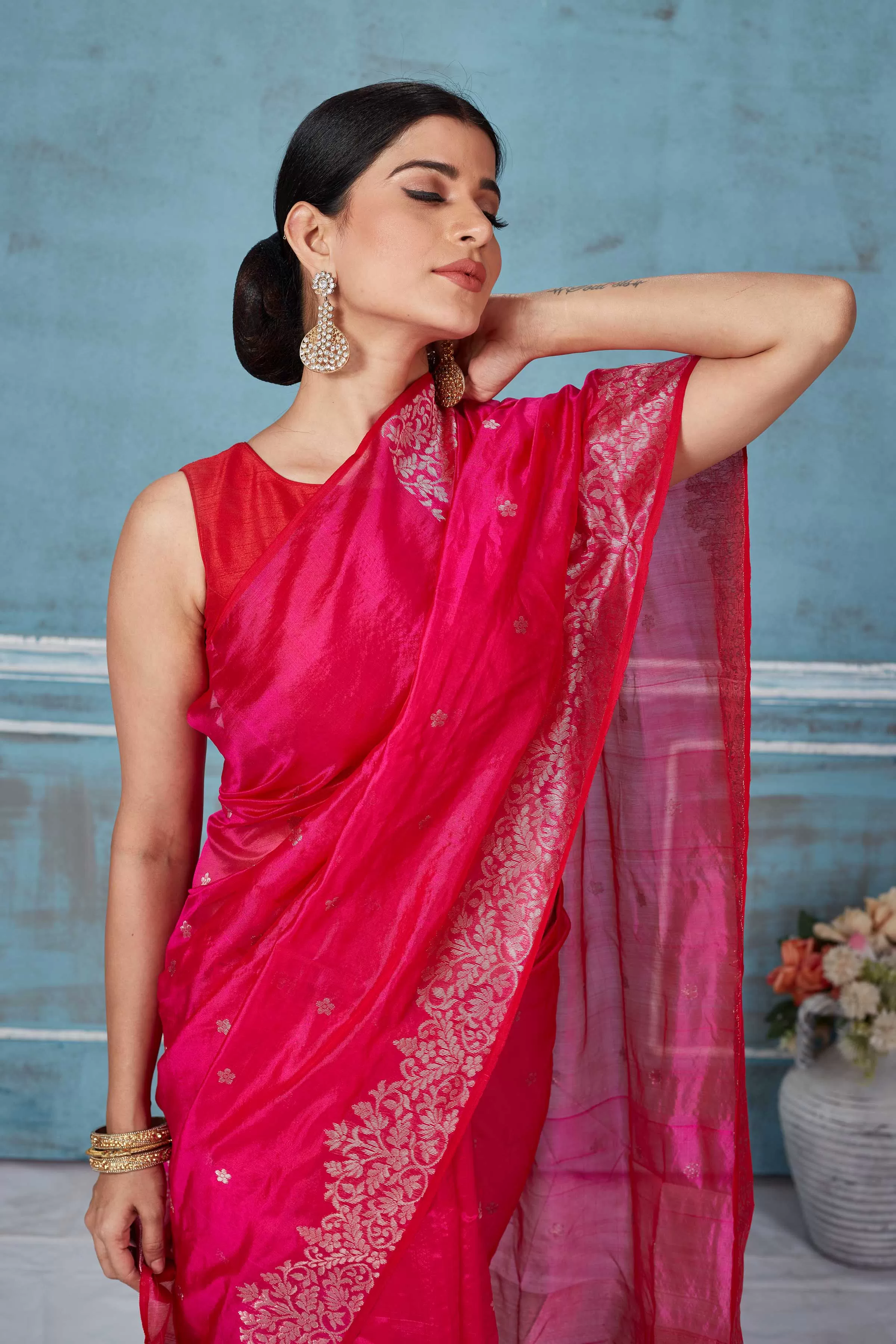 92A162 Pink Pattu Silk Saree With Hand Woven Border