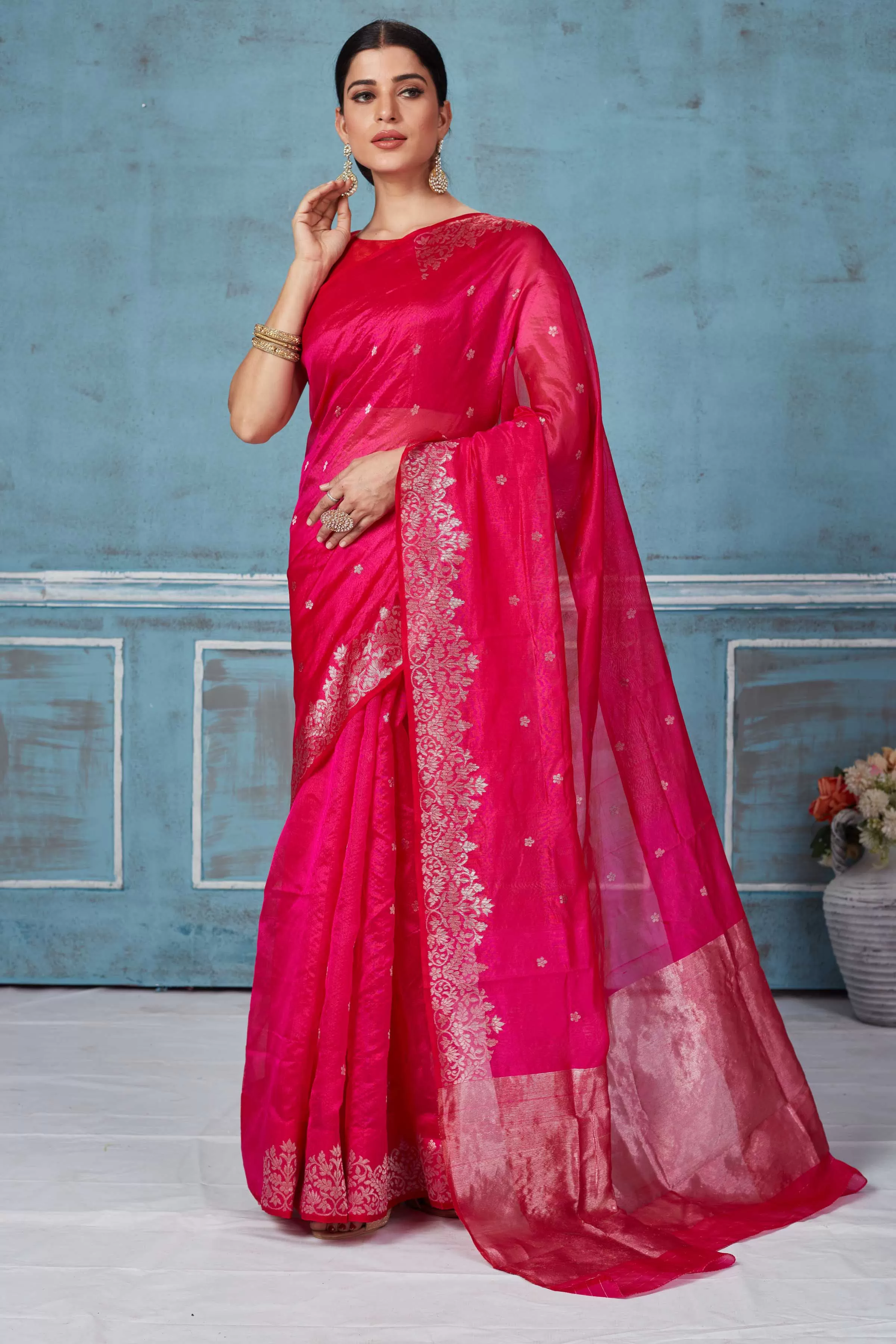 92A162 Pink Pattu Silk Saree With Hand Woven Border