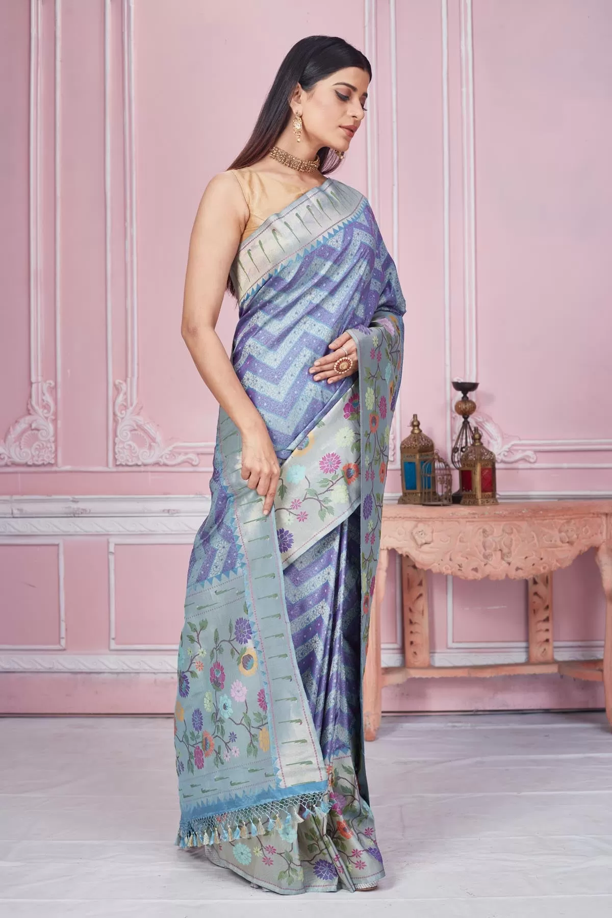 92A186 Blue And Purple Banarasi Saree with Minakari Zari Pallu