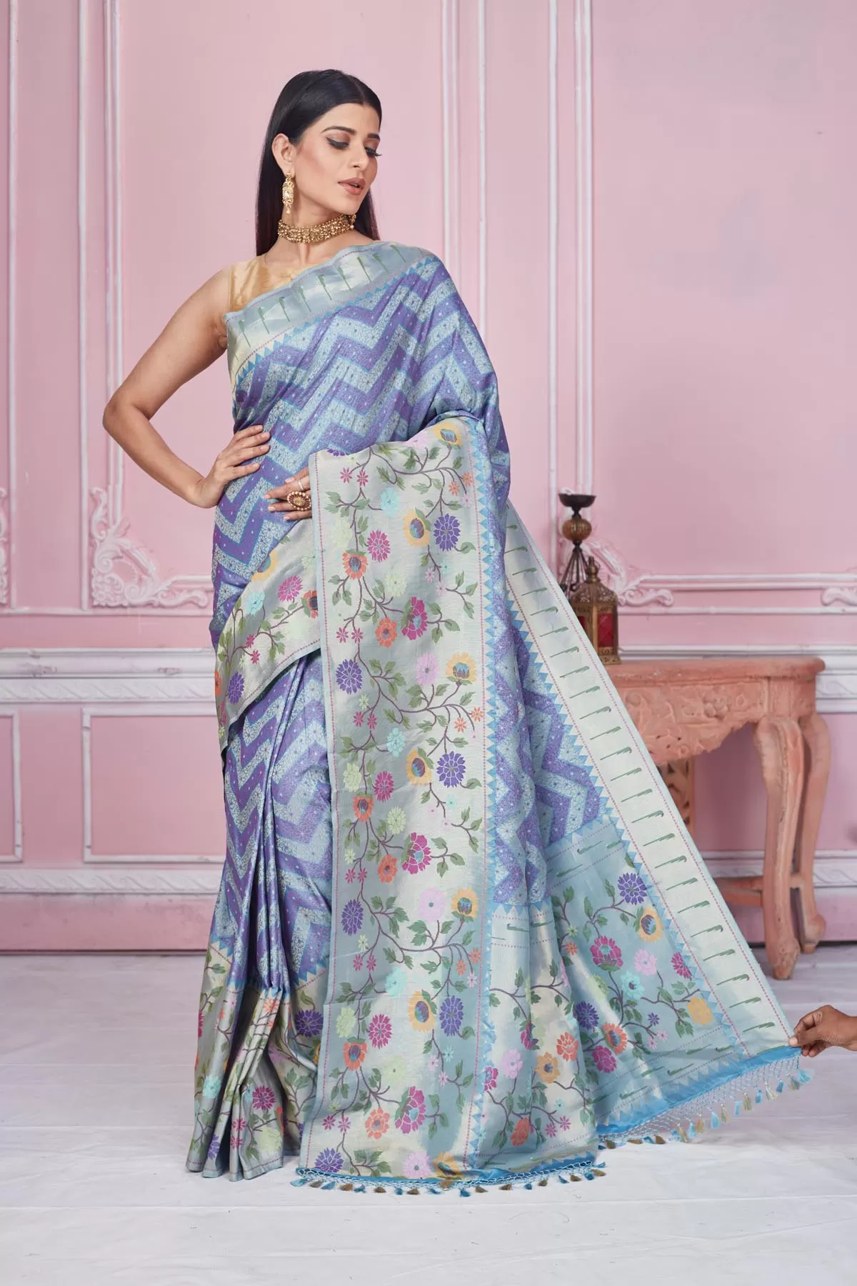 92A186 Blue And Purple Banarasi Saree with Minakari Zari Pallu