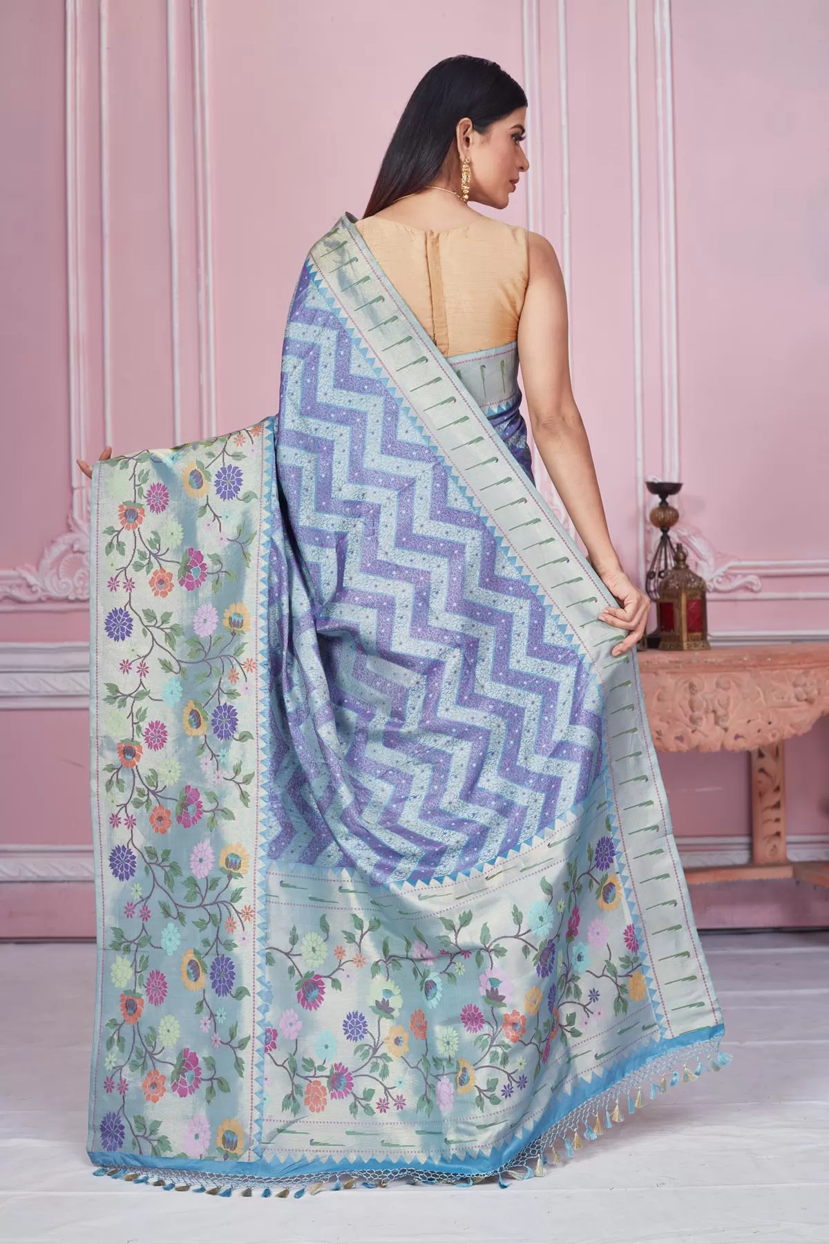 92A186 Blue And Purple Banarasi Saree with Minakari Zari Pallu