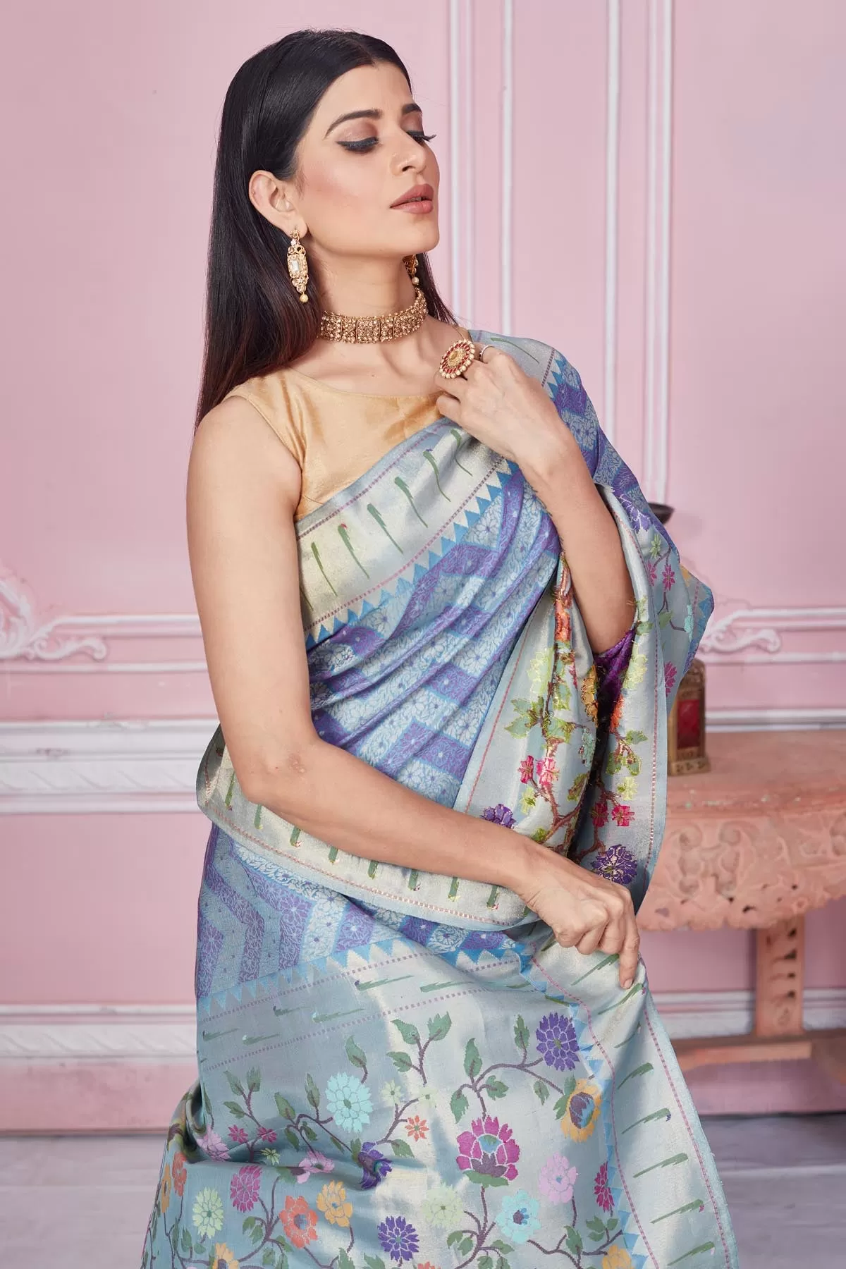 92A186 Blue And Purple Banarasi Saree with Minakari Zari Pallu