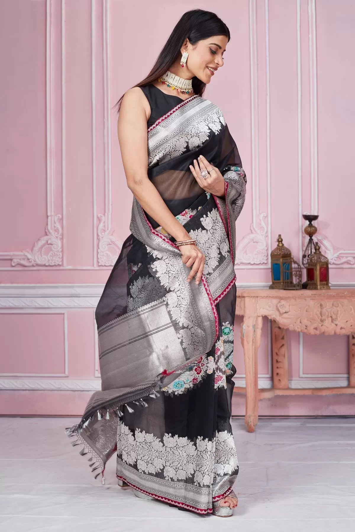 92A193 Black Banarasi Saree With Silver Zari Border