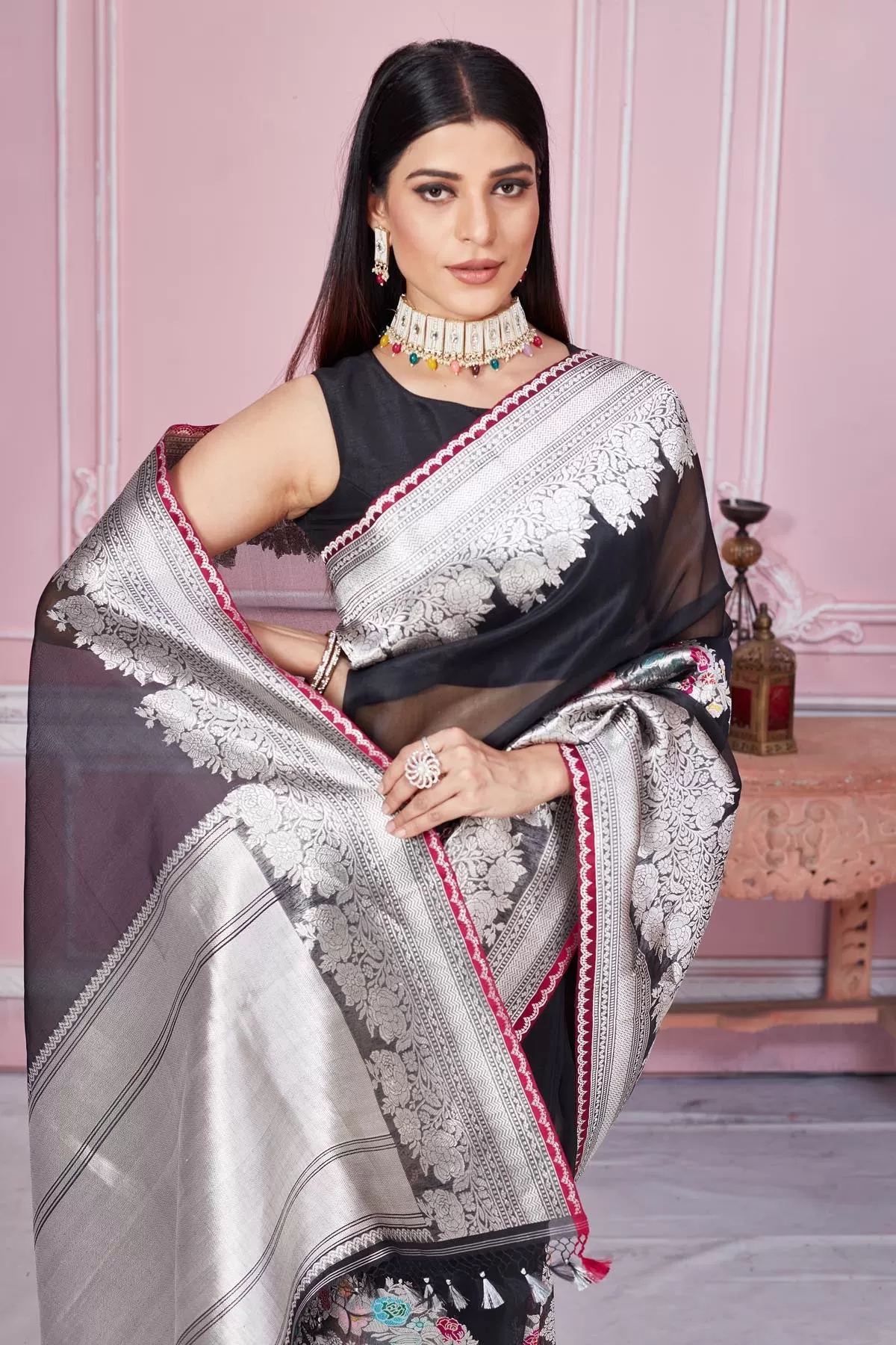 92A193 Black Banarasi Saree With Silver Zari Border