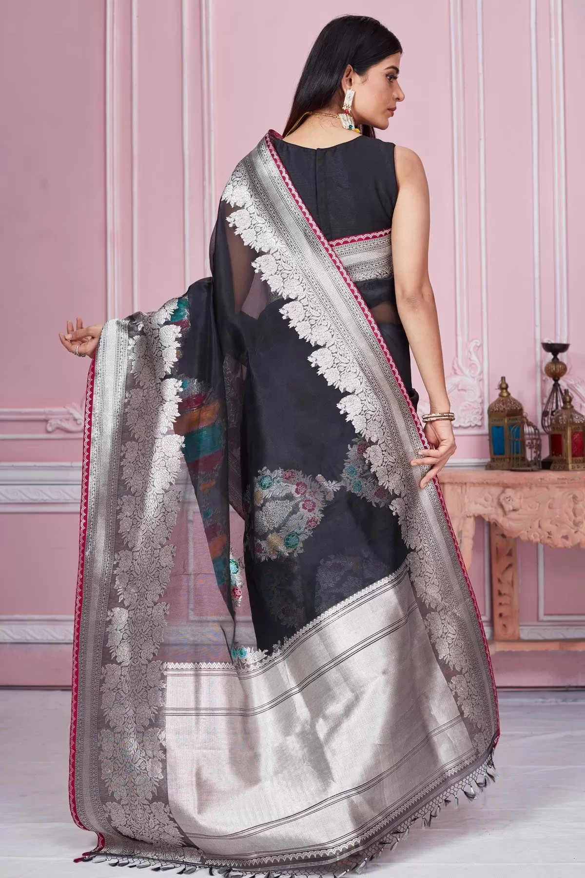 92A193 Black Banarasi Saree With Silver Zari Border