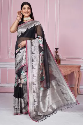 92A193 Black Banarasi Saree With Silver Zari Border