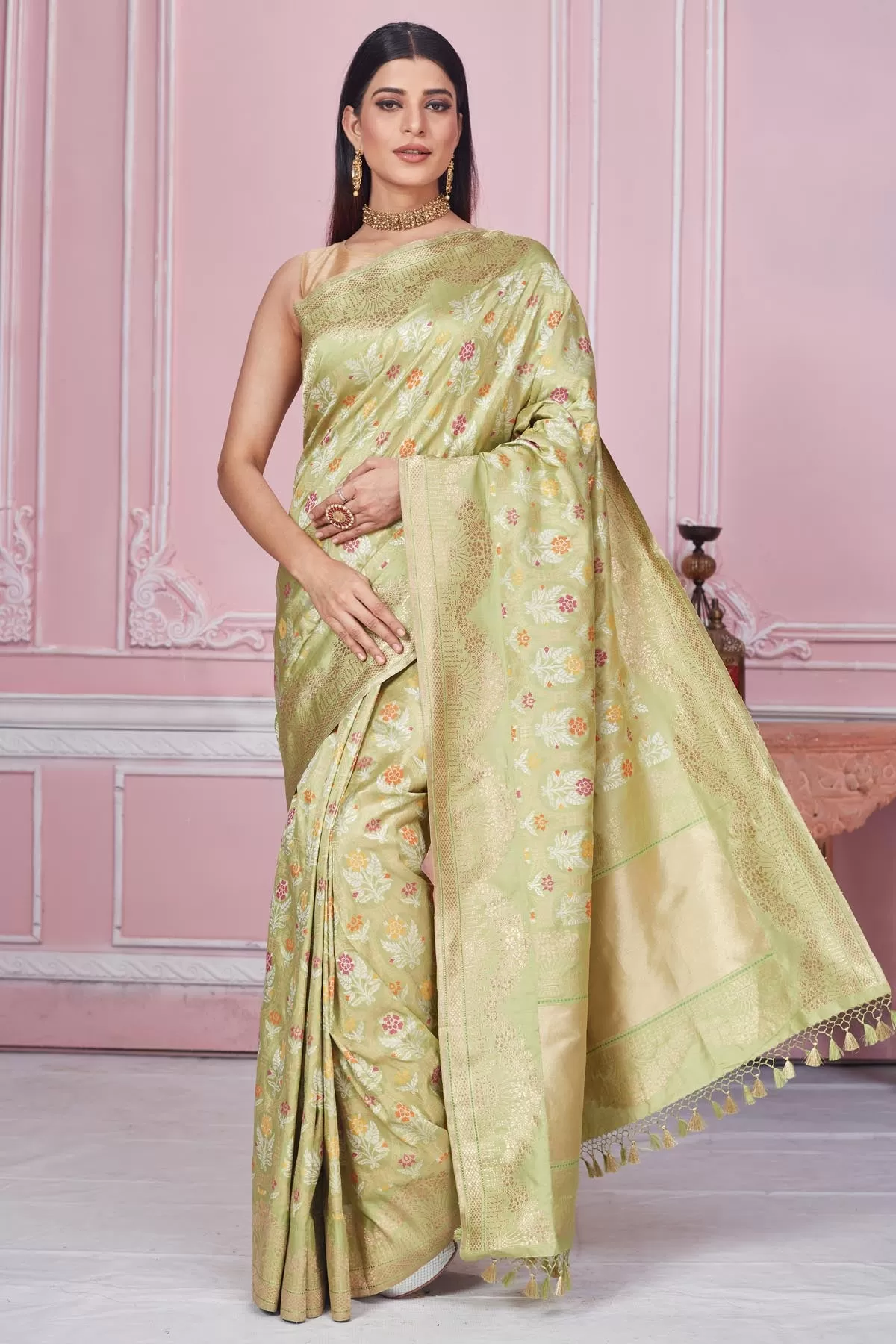 92A205 Pistachio Green Floral Minakari Zari Work Banarasi Saree