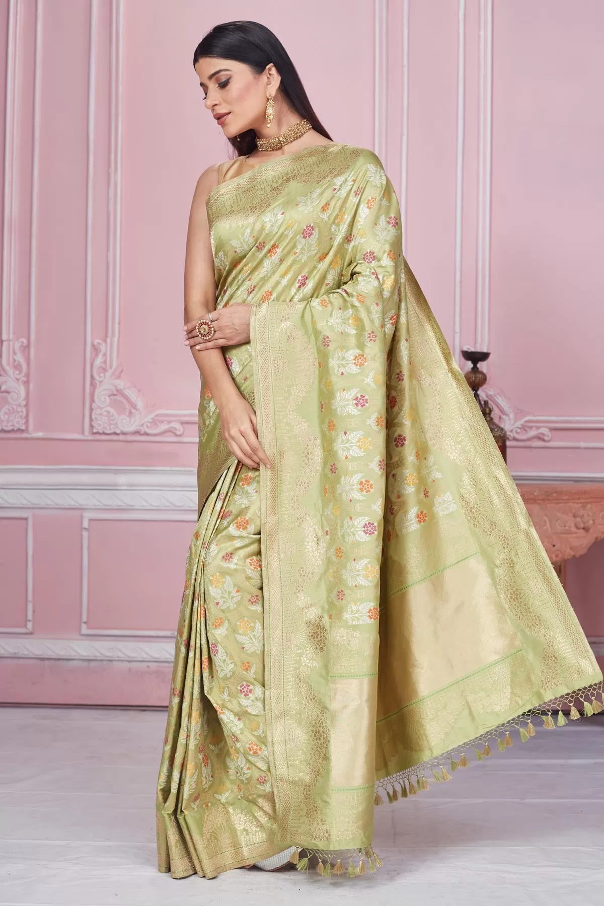 92A205 Pistachio Green Floral Minakari Zari Work Banarasi Saree