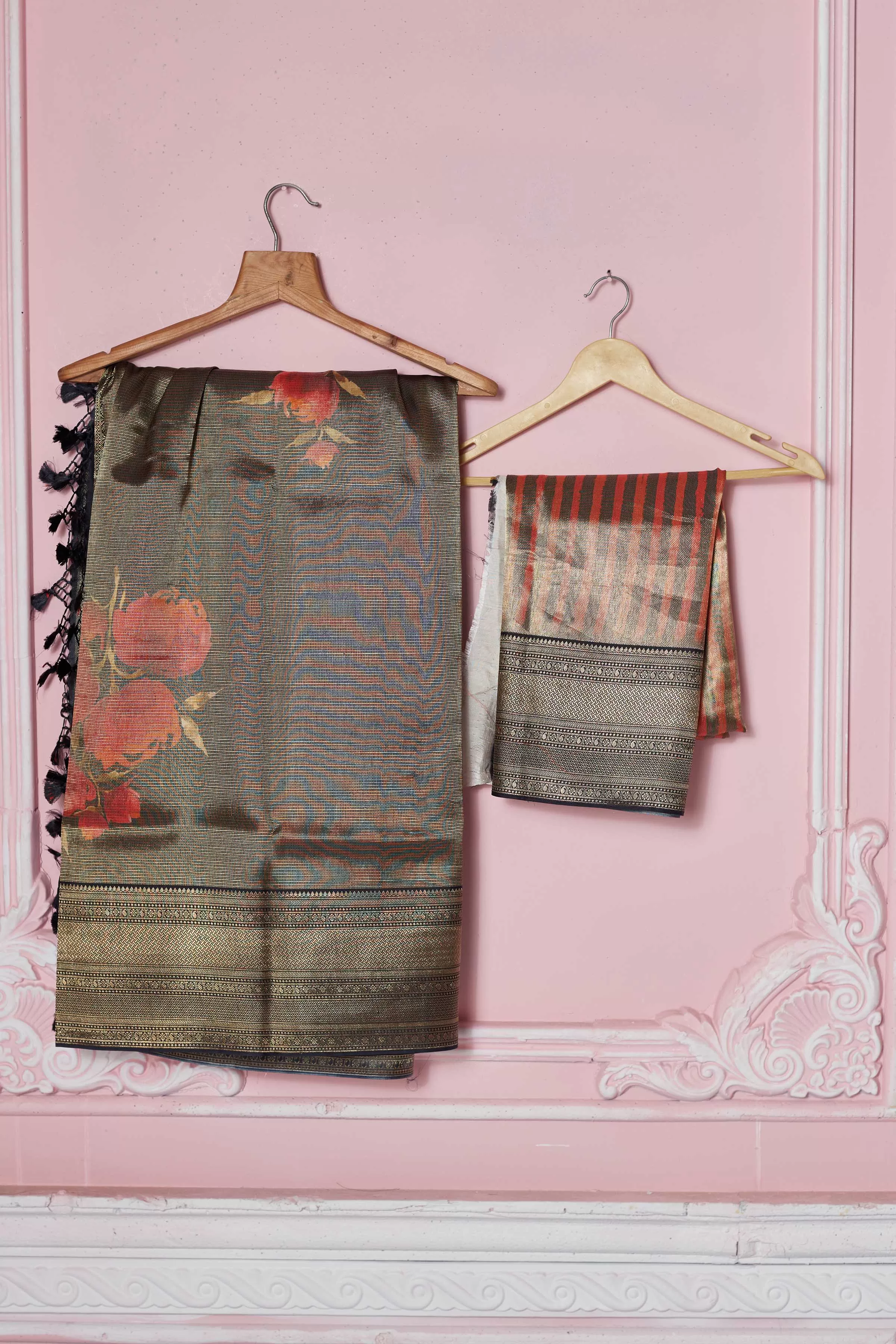 92A230 Dark Grey Floral Banarasi Sari