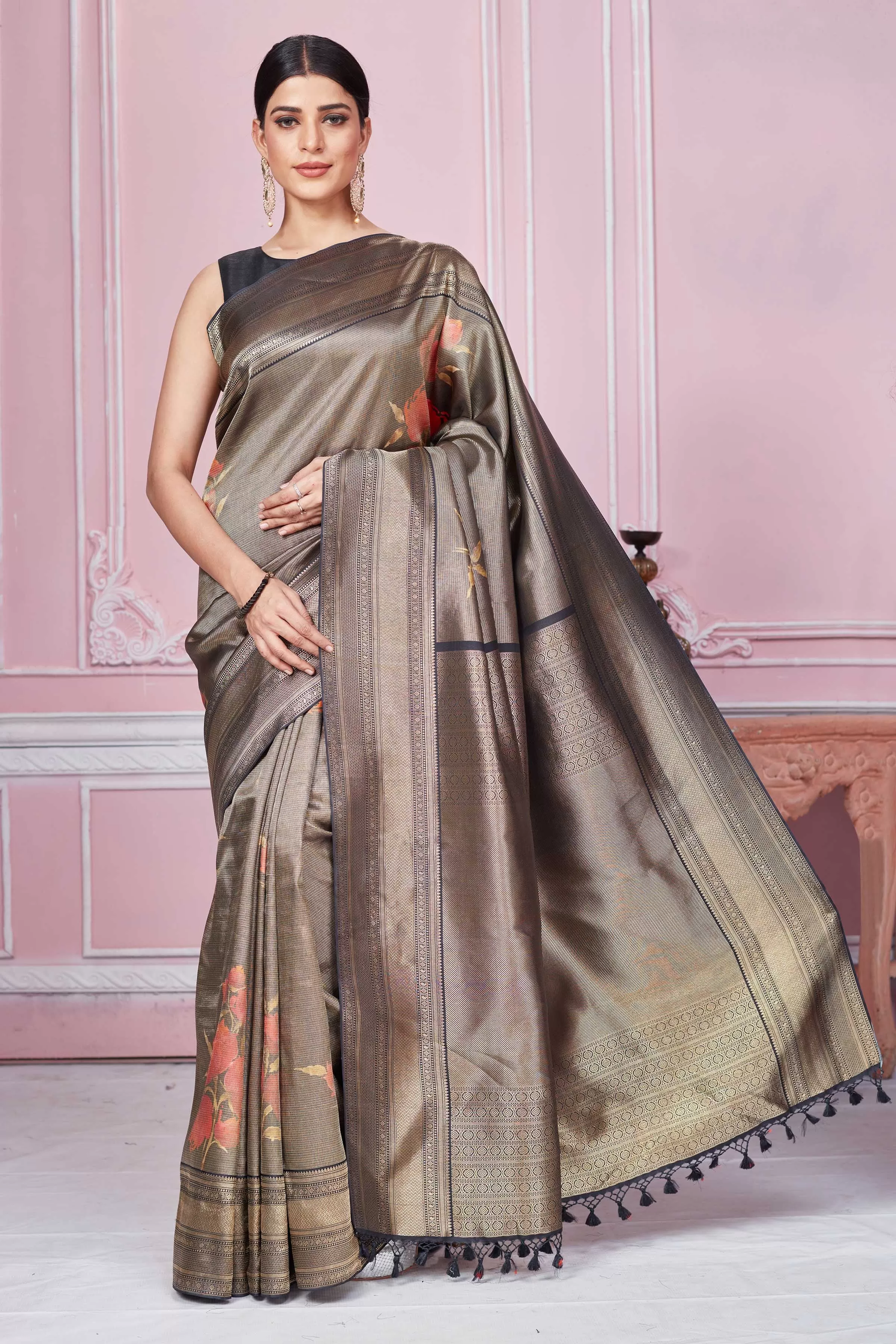 92A230 Dark Grey Floral Banarasi Sari