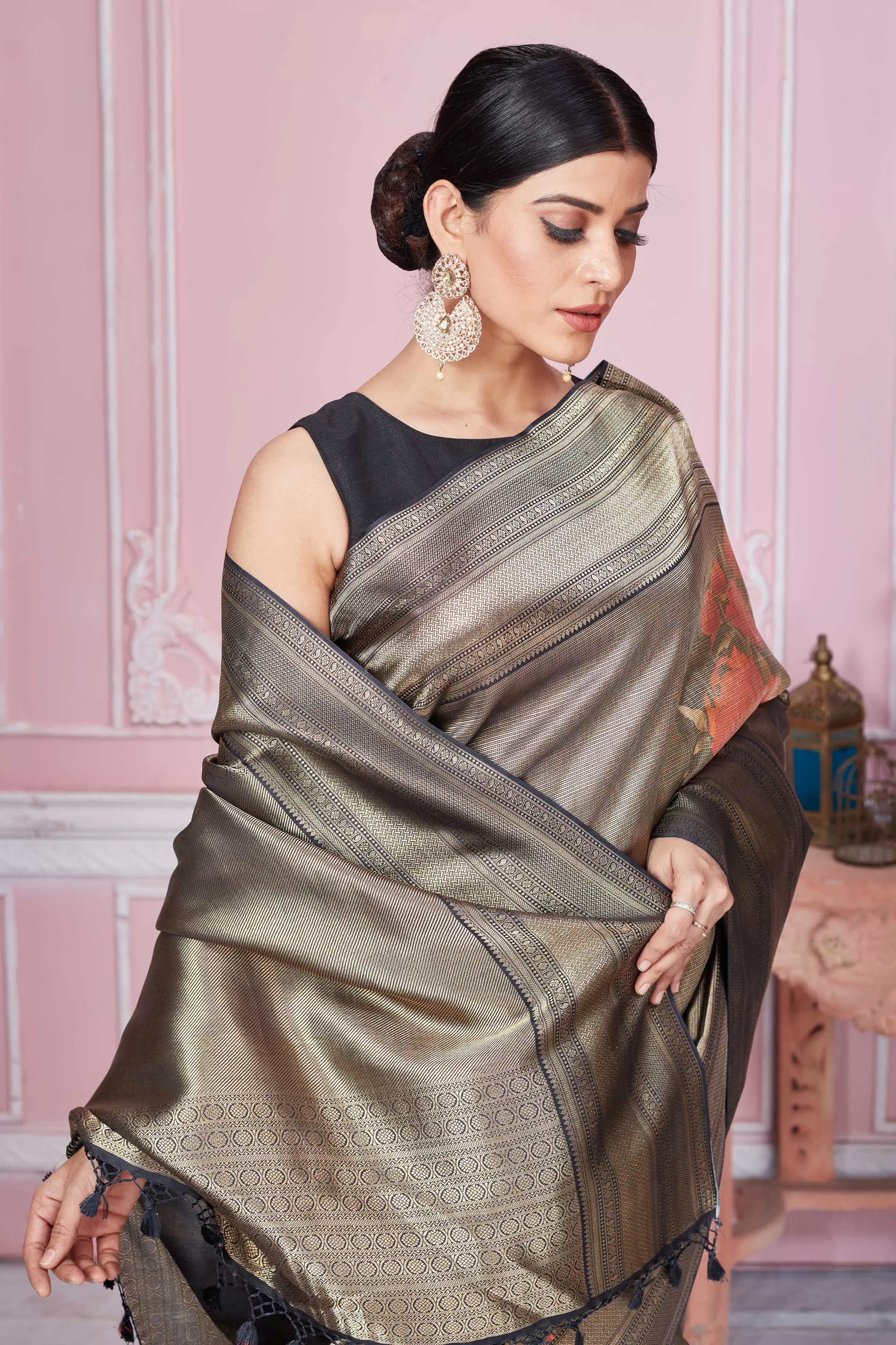 92A230 Dark Grey Floral Banarasi Sari