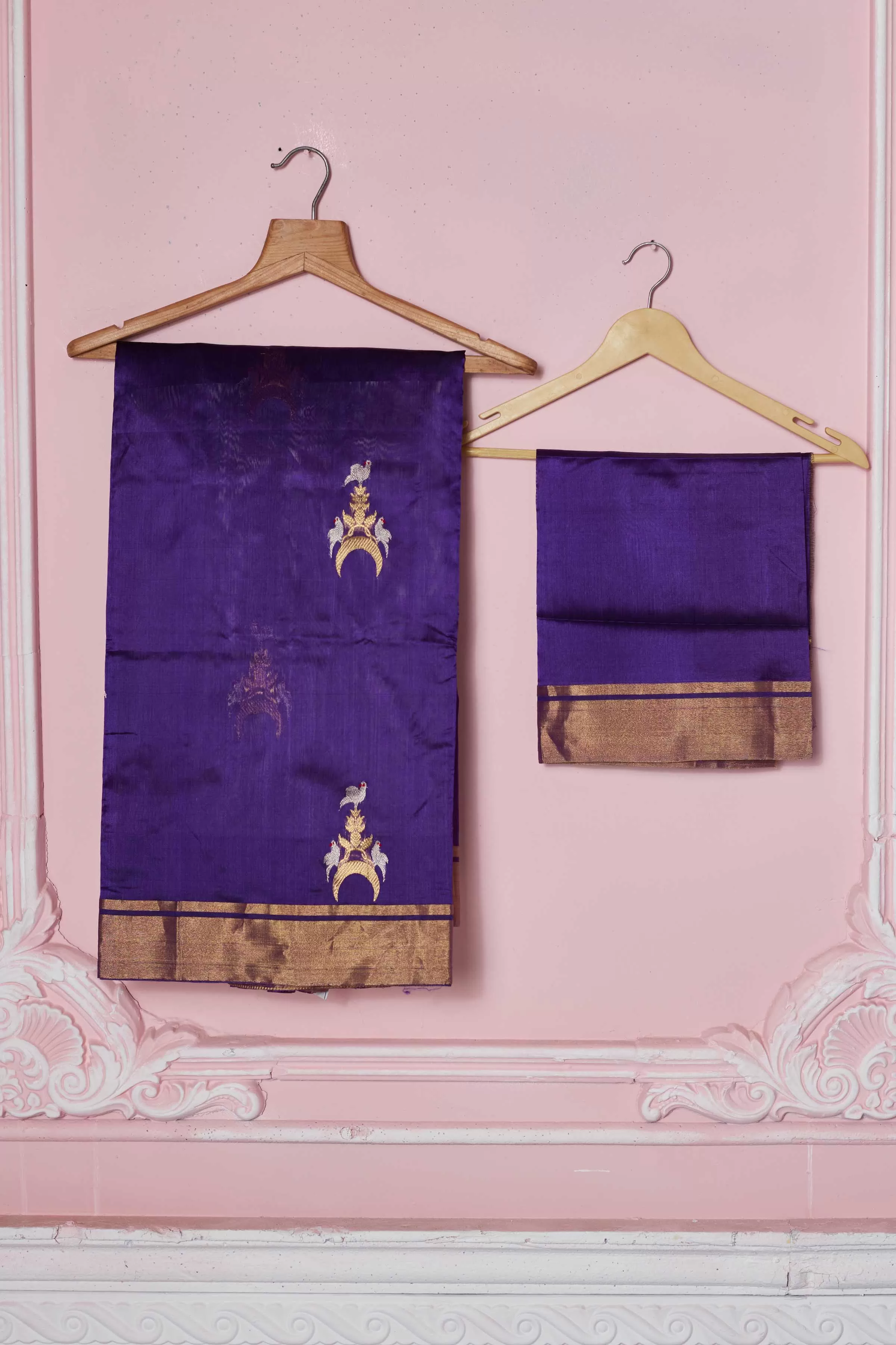 92A257 Purple Banarasi Sari With Golden Zari Border And Zari Motifs