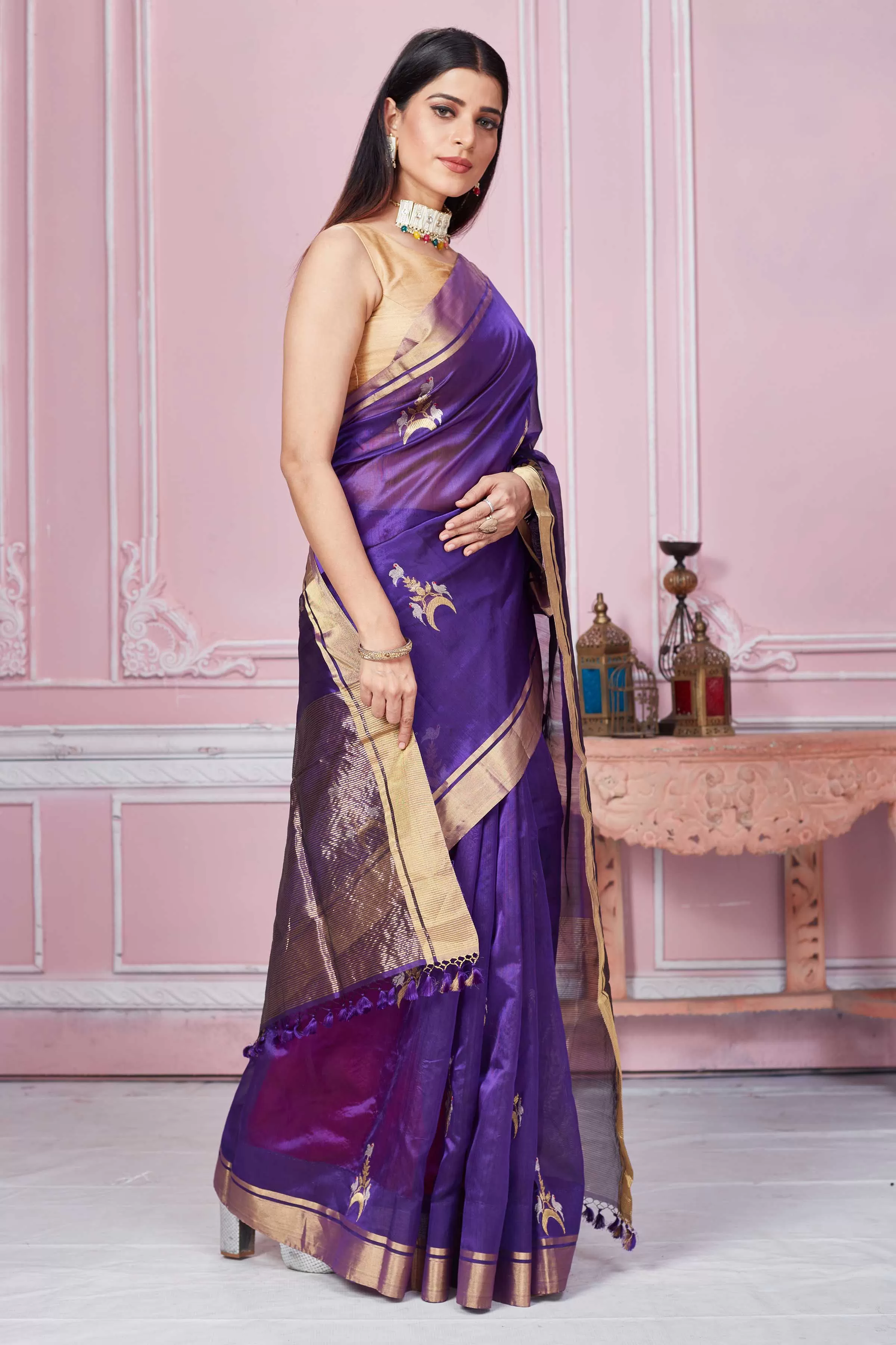 92A257 Purple Banarasi Sari With Golden Zari Border And Zari Motifs