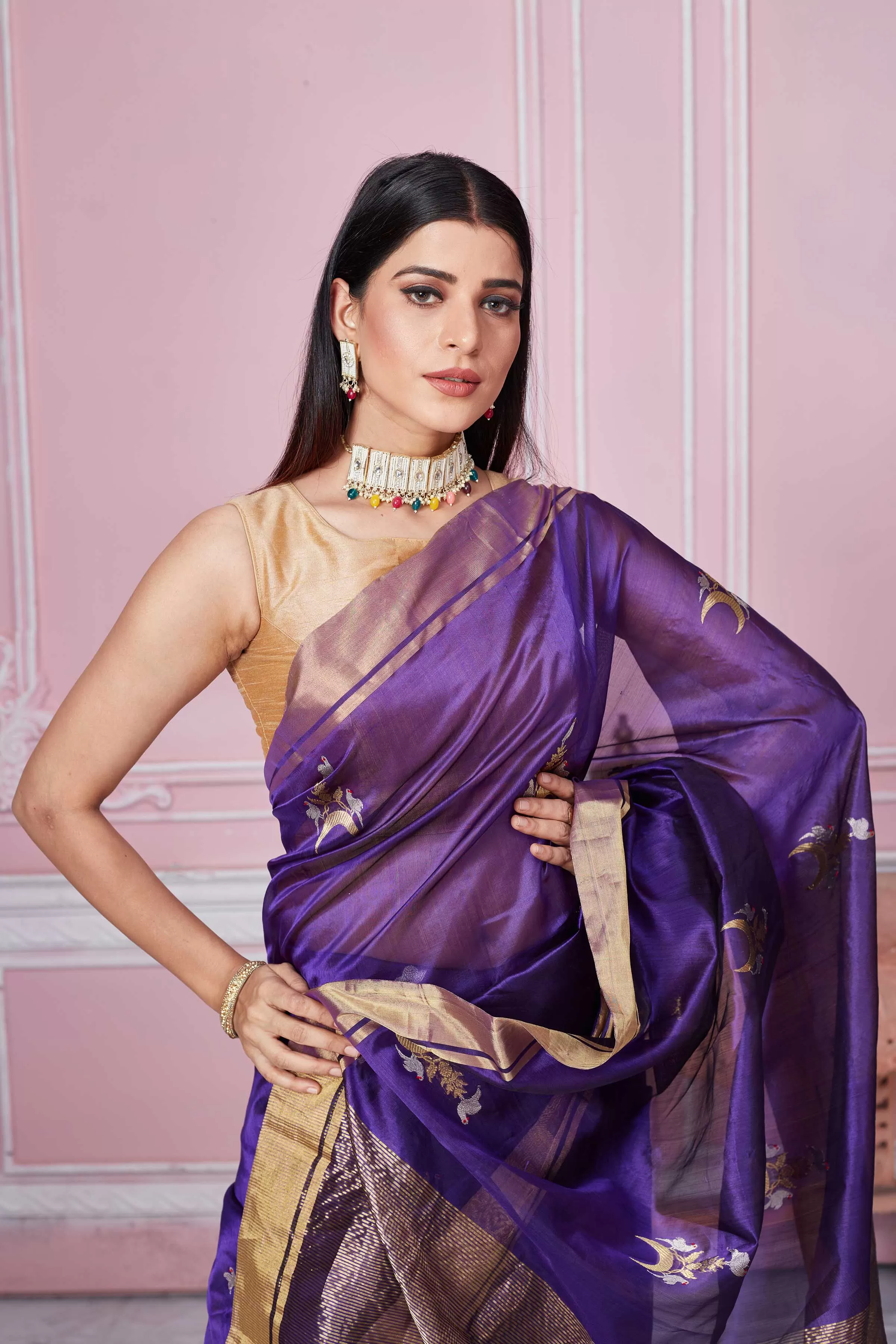 92A257 Purple Banarasi Sari With Golden Zari Border And Zari Motifs