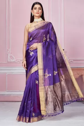 92A257 Purple Banarasi Sari With Golden Zari Border And Zari Motifs