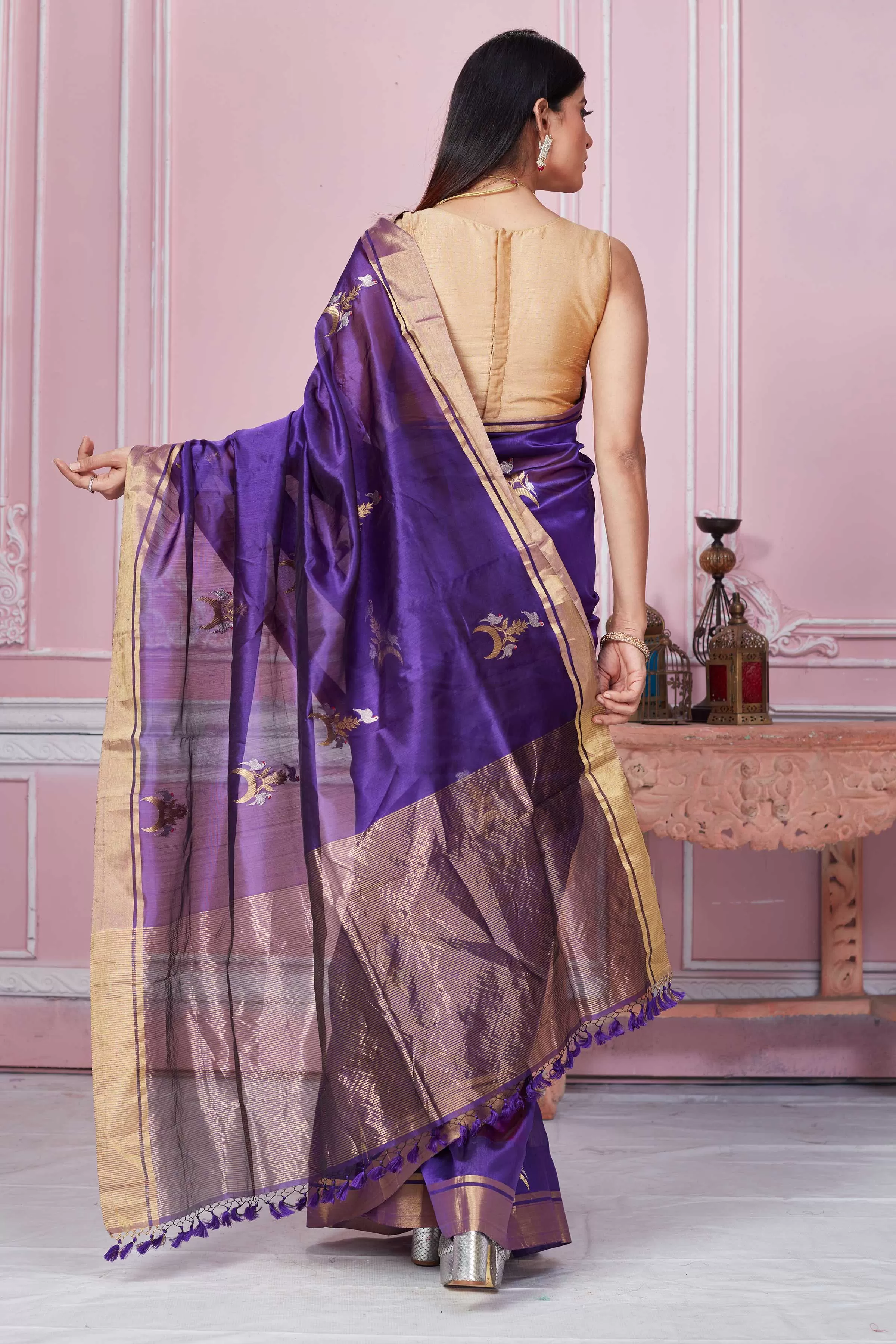 92A257 Purple Banarasi Sari With Golden Zari Border And Zari Motifs