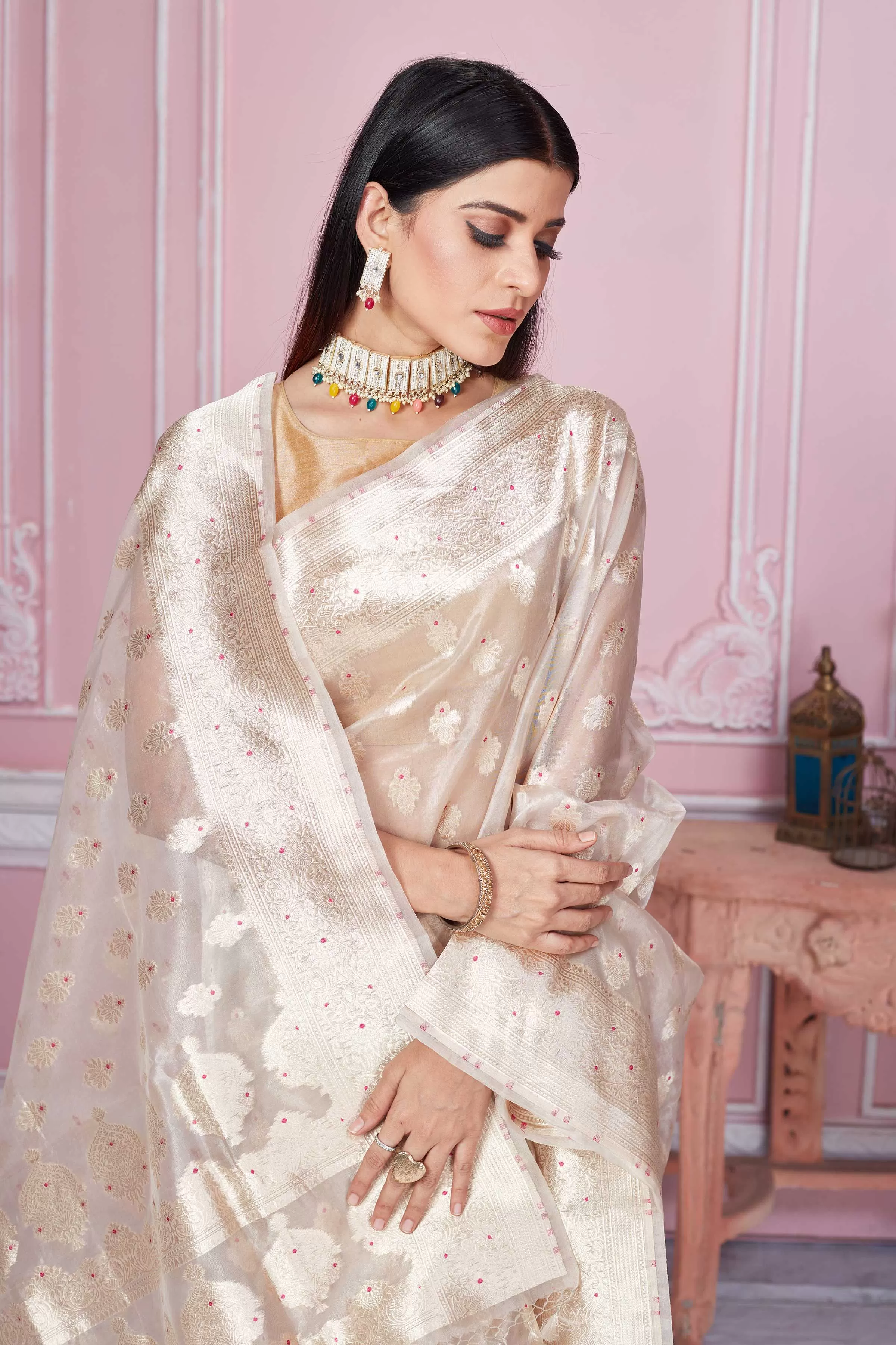 92A273 Cream Banarasi Saree With Zari Minakari Buta