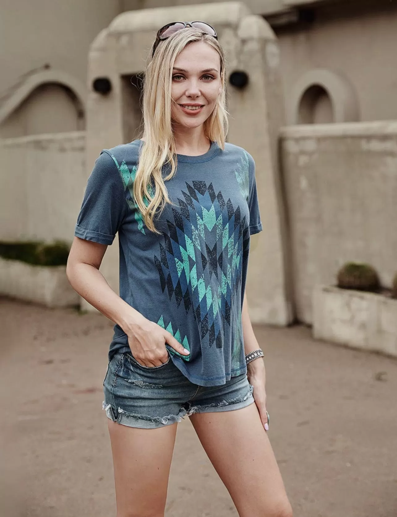 American Bling Women Mineral Wash Aztec Collection Short Sleeve Relaxed Fit Tee AB-T2107