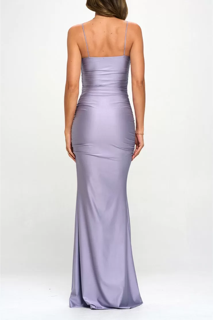 Ariel Ruched Slit Mermaid Maxi Dress - Lavender