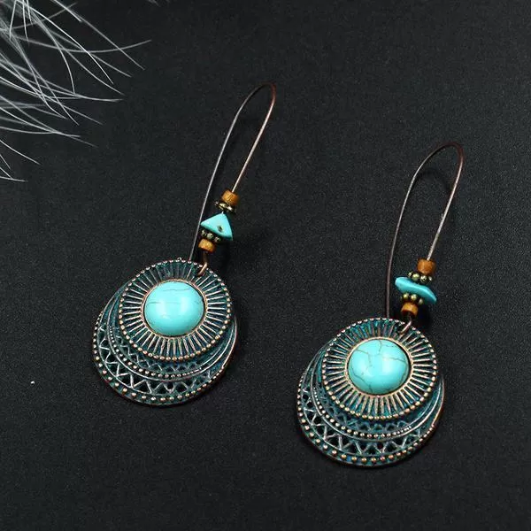 Babakud Retro Alloy Long Round Turquoise Earrings