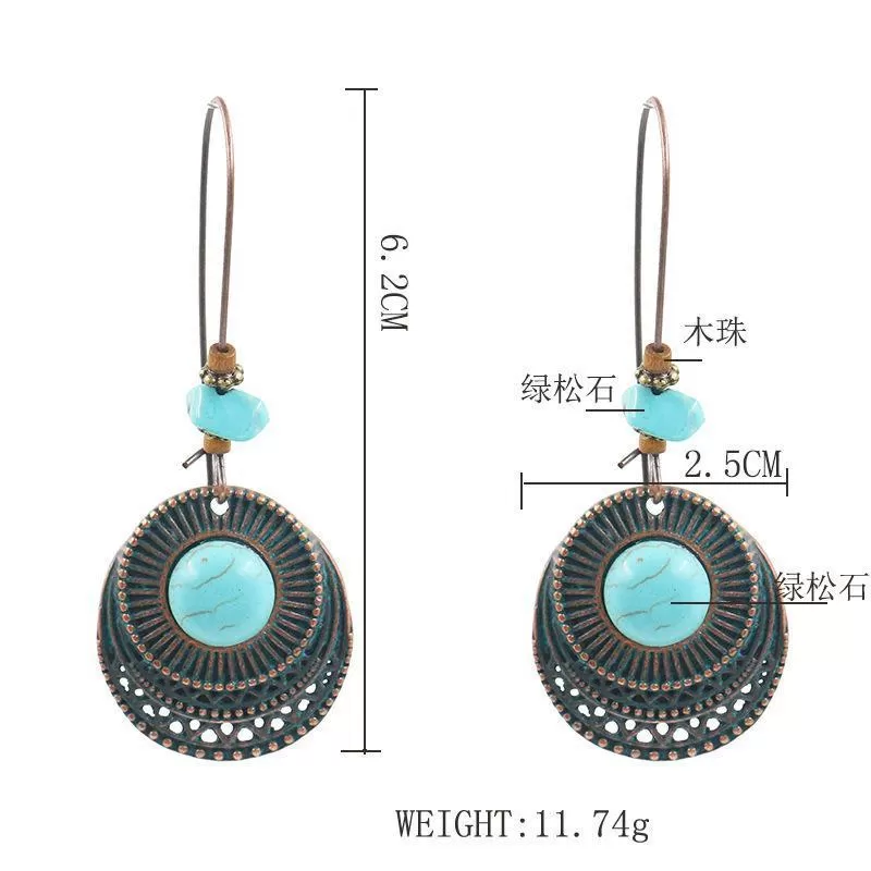 Babakud Retro Alloy Long Round Turquoise Earrings