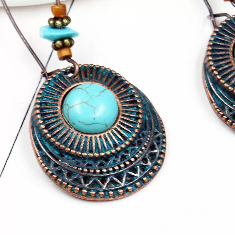 Babakud Retro Alloy Long Round Turquoise Earrings