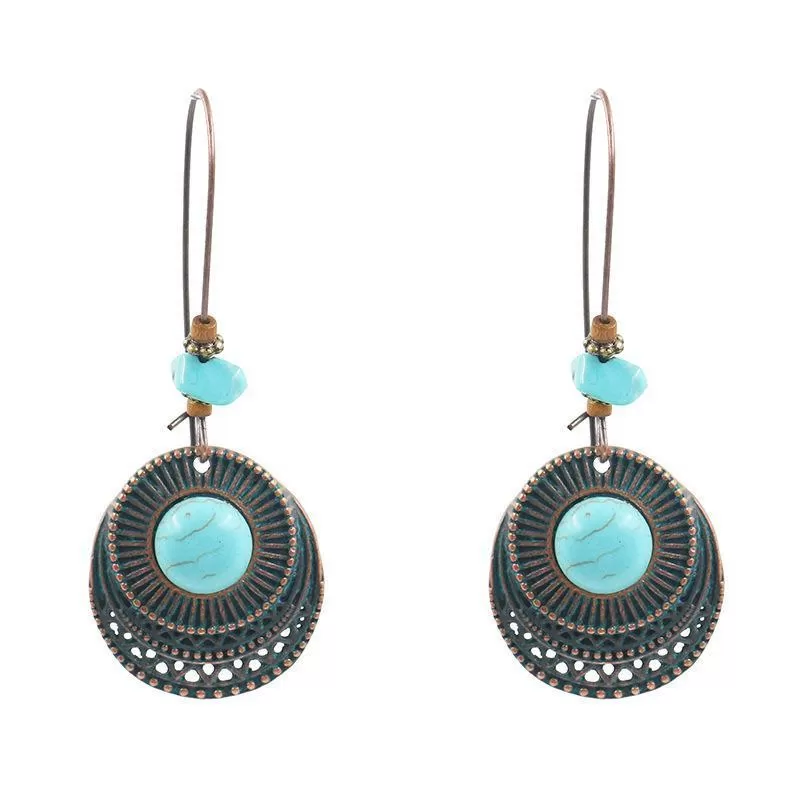 Babakud Retro Alloy Long Round Turquoise Earrings