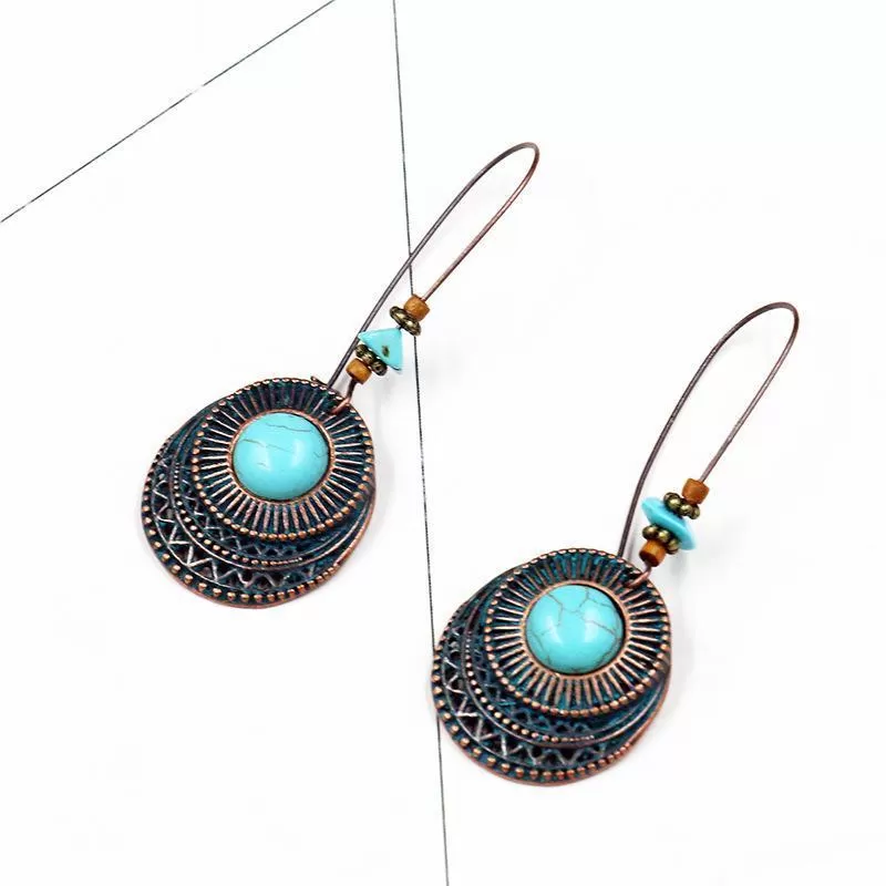 Babakud Retro Alloy Long Round Turquoise Earrings