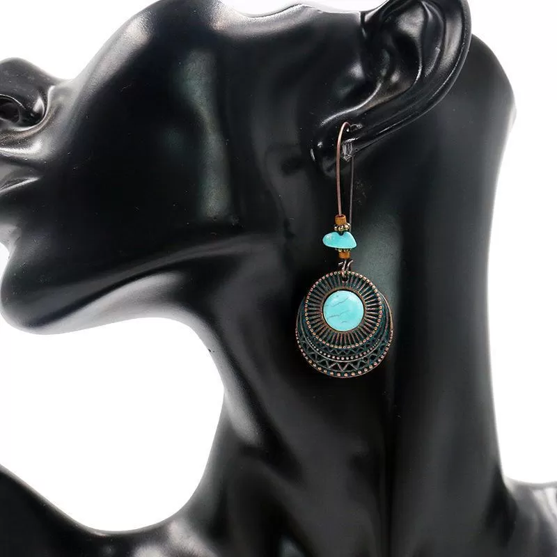 Babakud Retro Alloy Long Round Turquoise Earrings