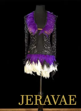 Black Lace and Purple Feather Latin Dress Resale Fiore Designs Size S Lat096