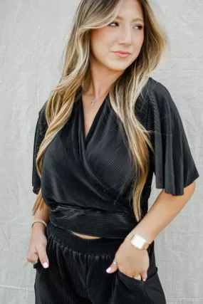 Black Pleated Set Wrap Top