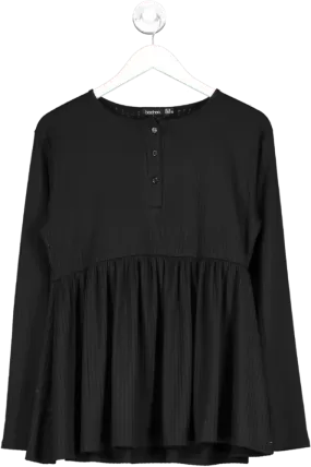 boohoo Black Pleated Button Detail Long Sleeve Top UK 14