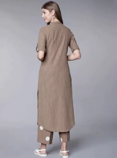 Brown Stripes Pure Cotton Kurti Pant Set Of 2