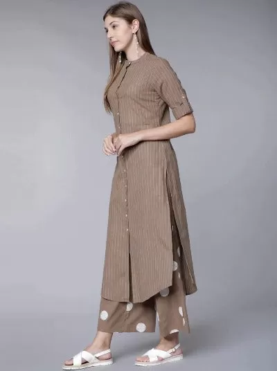 Brown Stripes Pure Cotton Kurti Pant Set Of 2