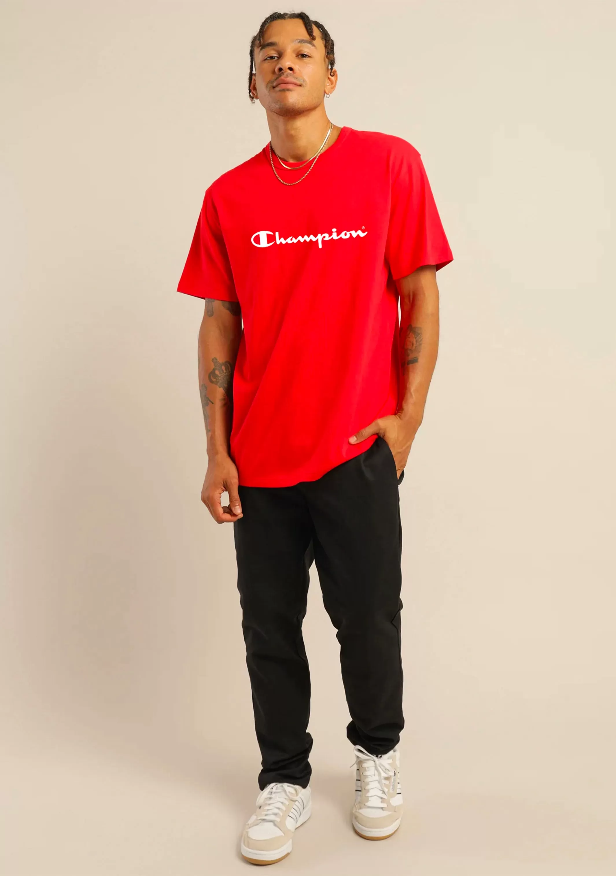 Champion Mens Script Logo Short Sleeve Tee Red <br> AXQPN GJR