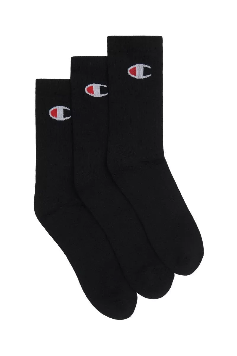 CHAMPION UNISEX LOGO SPORT CREW 3PK BLACK SOCKS