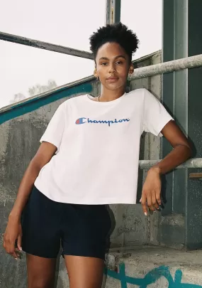 Champion Womens Script Crop Boxy Tee White <BR> CUWGN WIT