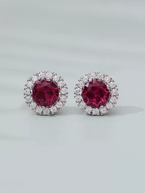 Created Ruby And American Diamond Halo Earrings In 925 Silver