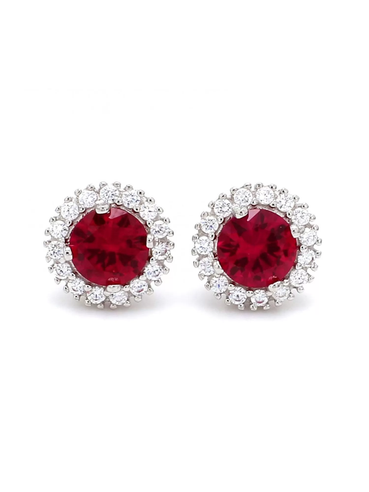 Created Ruby And American Diamond Halo Earrings In 925 Silver