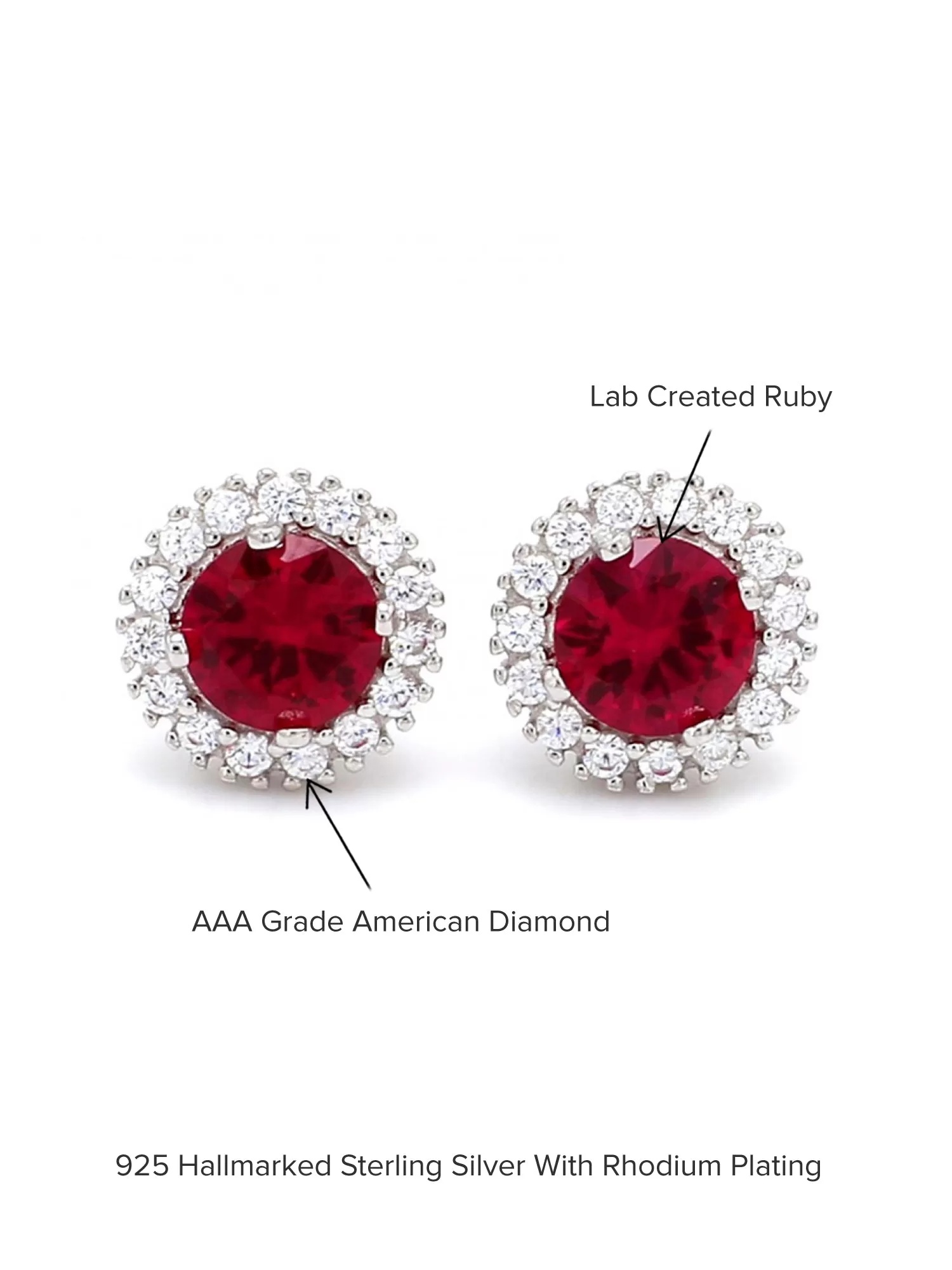 Created Ruby And American Diamond Halo Earrings In 925 Silver