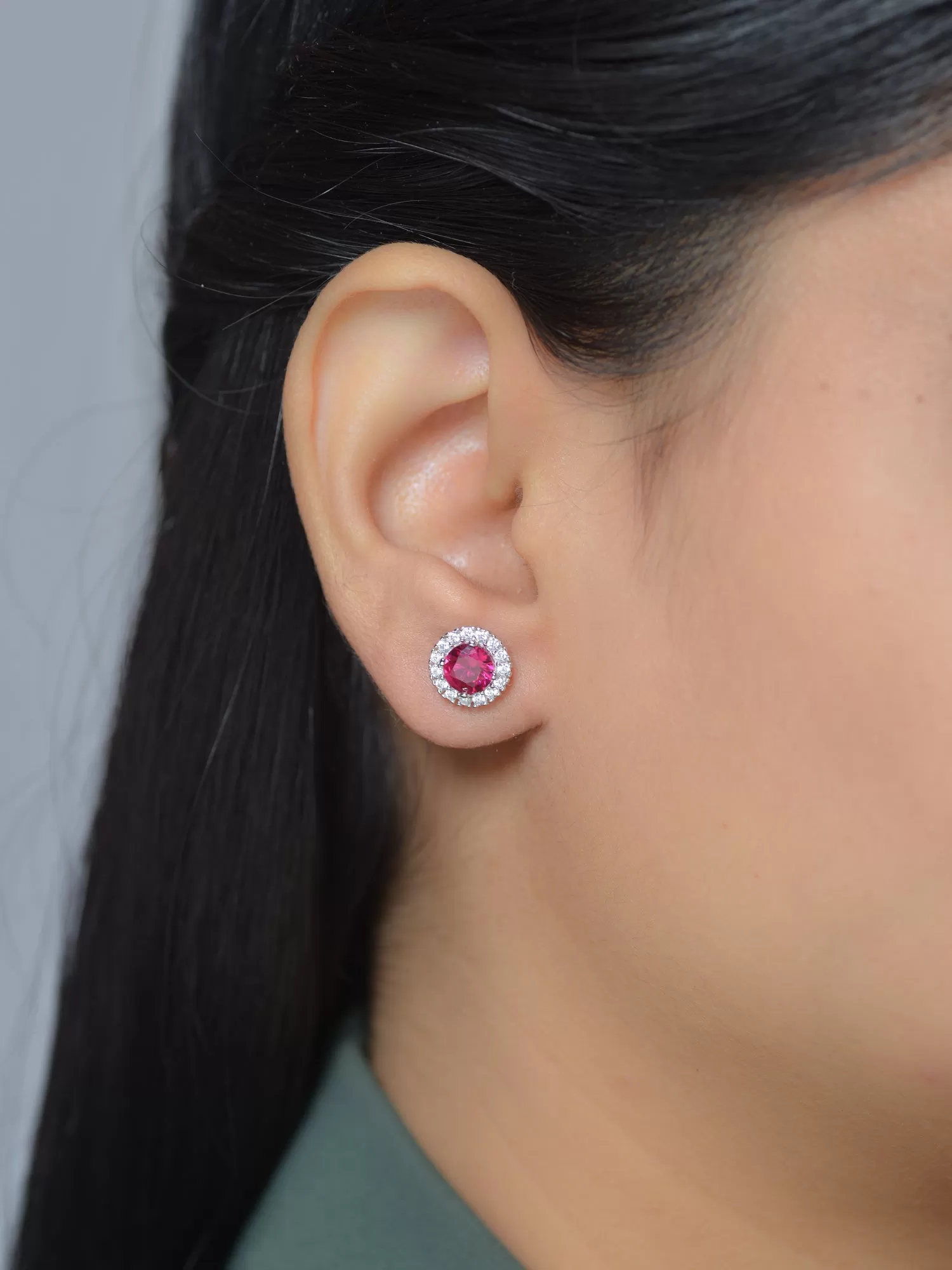 Created Ruby And American Diamond Halo Earrings In 925 Silver