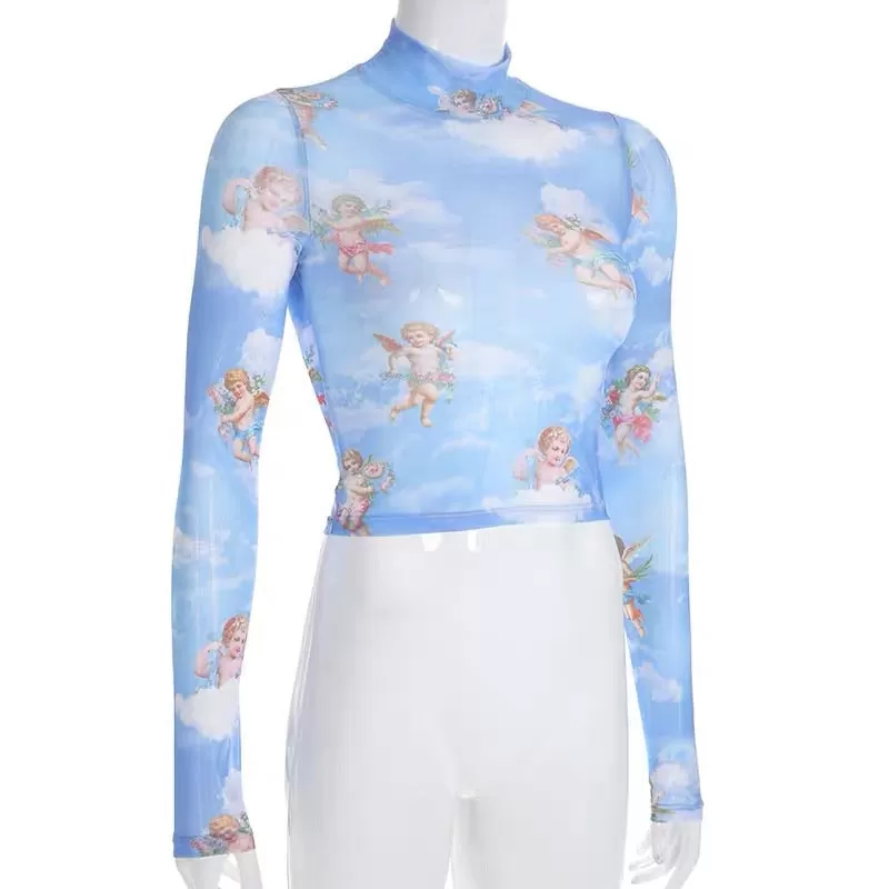 CUTE ANGEL PRINT MESH TOP BY22253