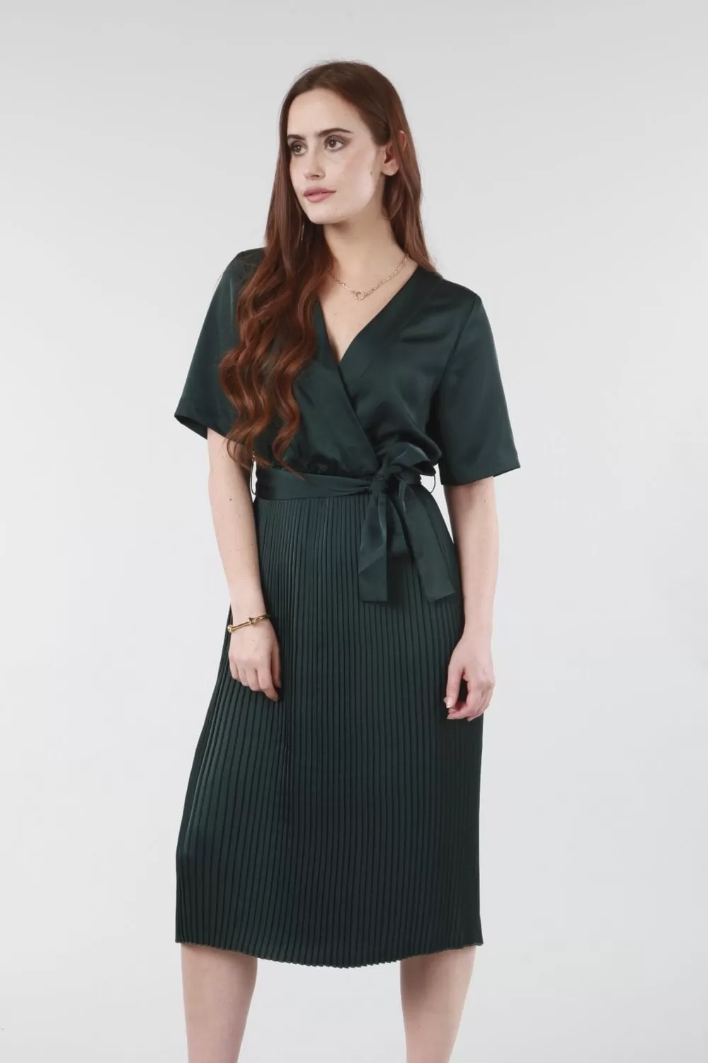 Double Second Satin Wrap Front Pleated Midi Dress