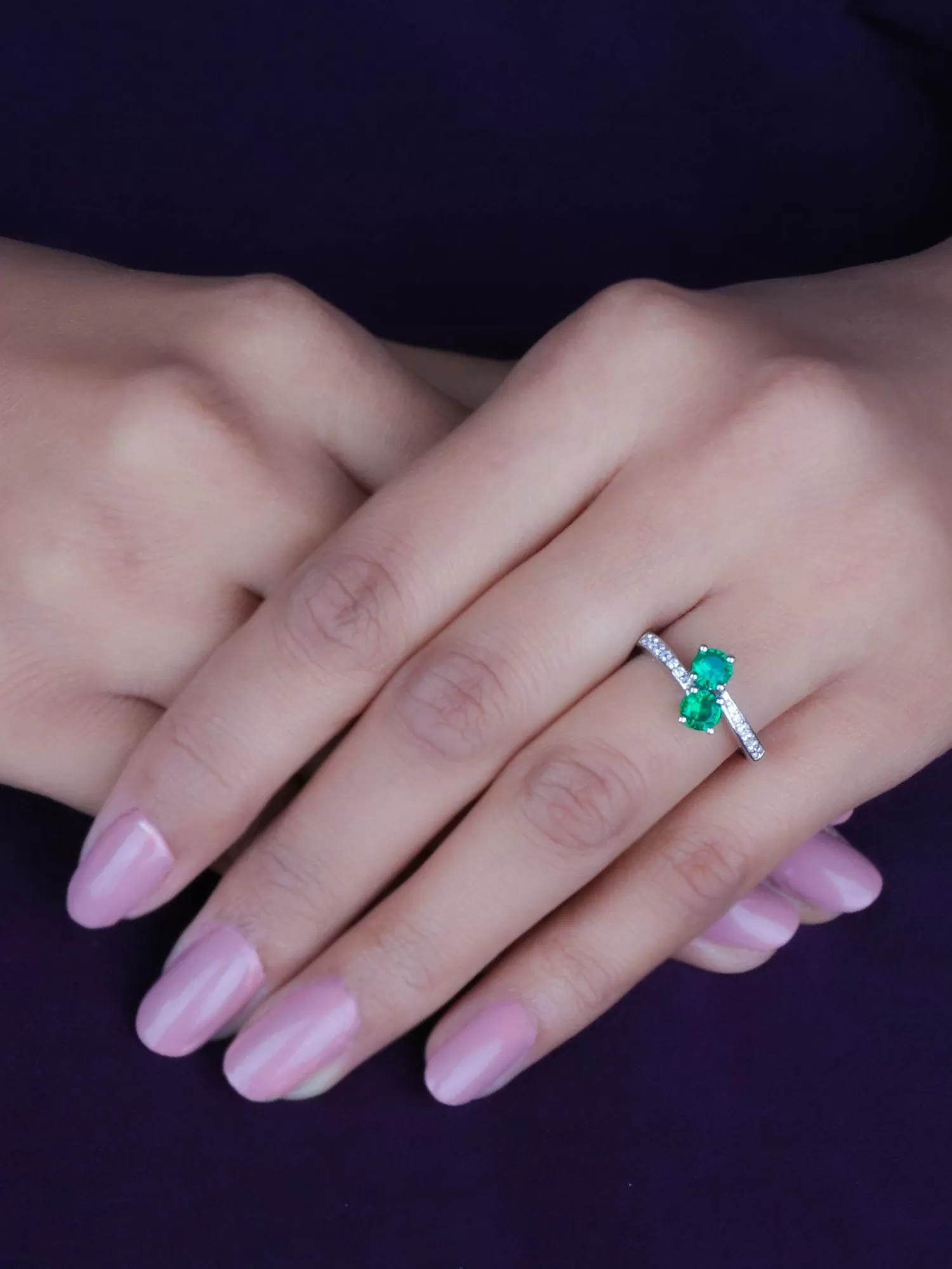 Double Solitaire Emerald Silver Ring